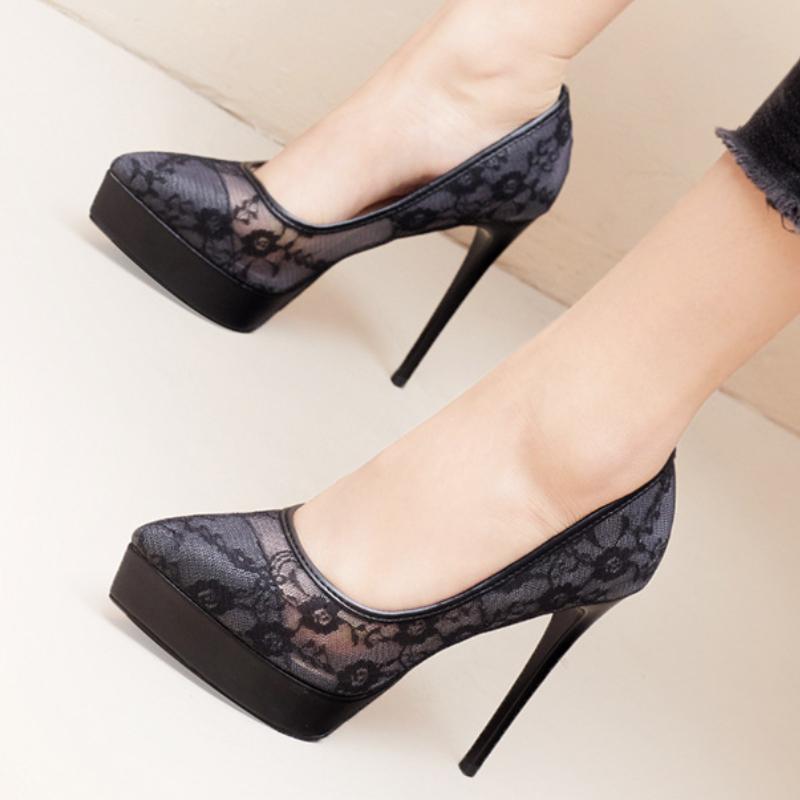 Fashion Fashion Roman Pumps 12Cm Black Platform High Heels Mesh Breathable Sexy Shallow Mouth Pointed Single Shoes Small Size 32 33