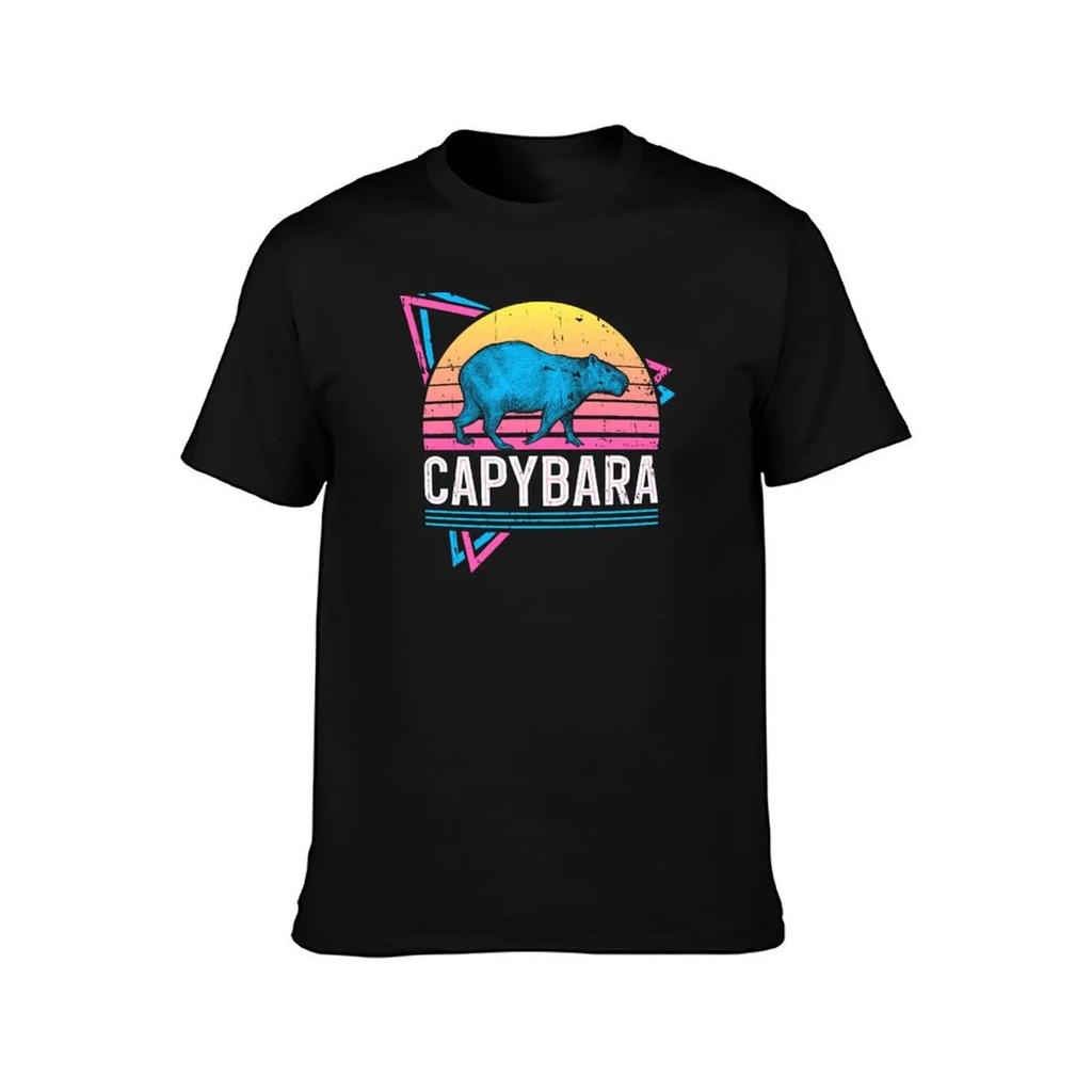 Capybara Retro Neon 80's Style Cool Funny Vaporwave T-Shirt Anime Tshirt Heavyweights Basketball Graphic Tees Men Workout Shirt