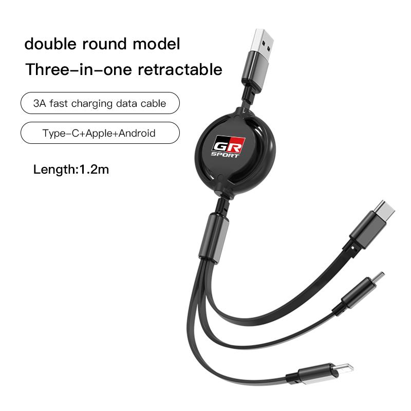 3 In 1 Retractable Mobile Phone Fast Charging Cable For Toyota Corolla Camry Asian Dragon Supra Hilux Land Cruiser GR SPORT TRD
