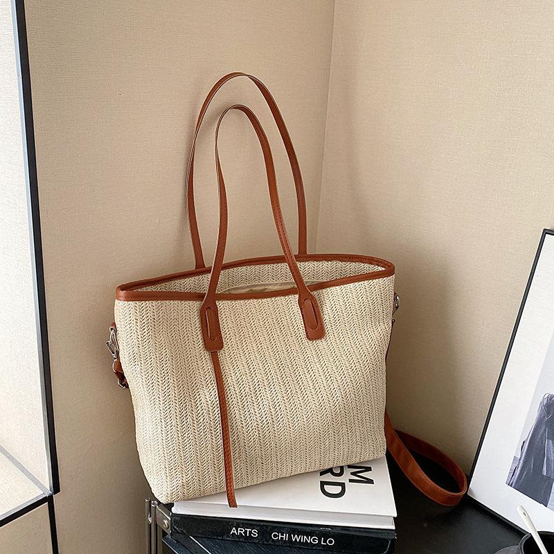 

2025 new women s shoulder bag fashion woven tote bag straw splicing handbag casual messenger bag коричневый