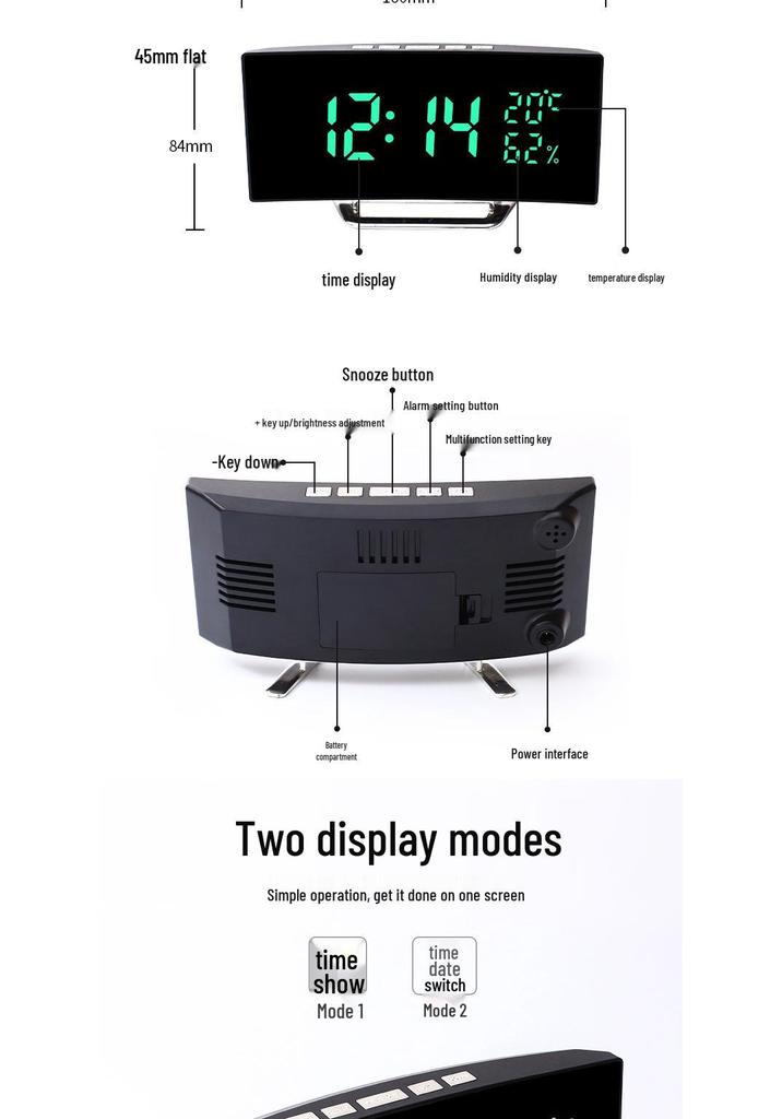 Curved LED Mirror Clock with Temperature and Humidity Display, Triple Alarm, Digital Desktop Clock for Bedroom