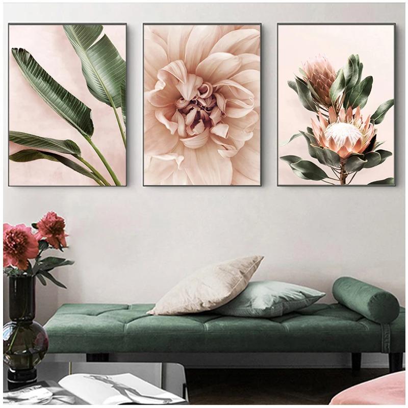 Rosa Stil Blumenposter Grüne Blätter Leinwanddruck Marokko Tür Moderne Wandkunst Bilder für Wohnzimmerdekor