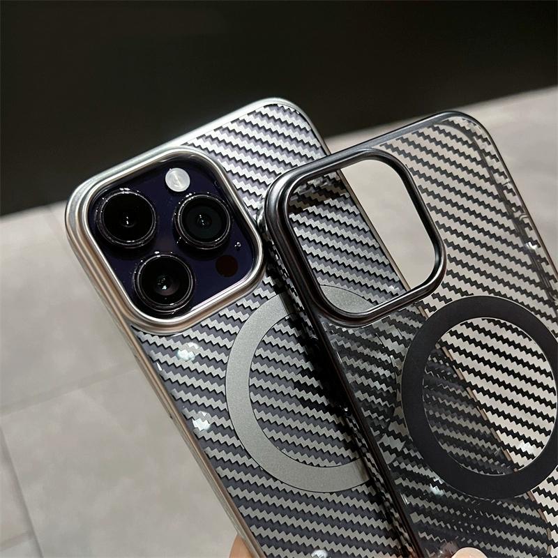 Luxury Plating Carbon Fiber Texture Wireless Charge Magnetic Case for iPhone 15 14 Plus 13 12 Pro Max Ultra Thin Magsafe Cover