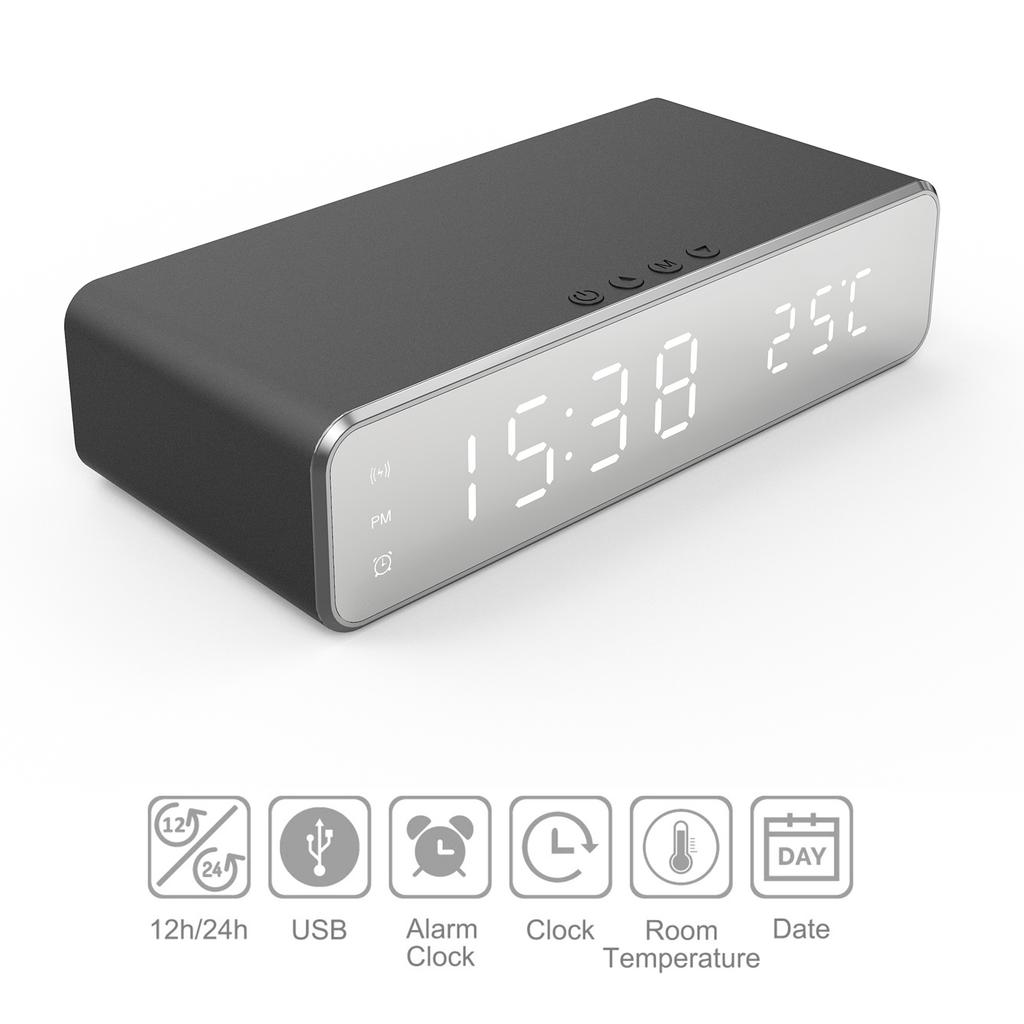Digital Alarm Clock for Bedroom Electronic Clock with Wireless Charging for Phone Headset Thermometer Temperature Date