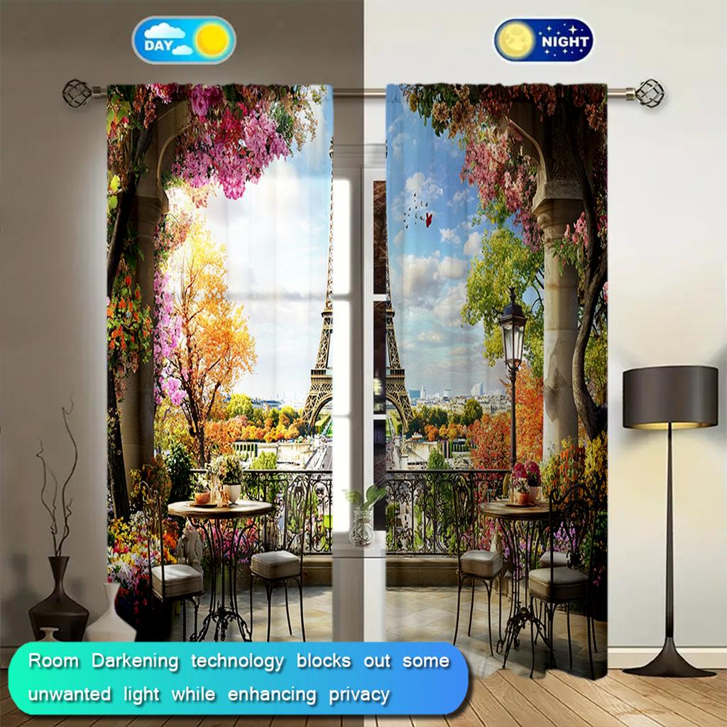 2 Stück Berühmter Eiffelturm Bedruckter Vorhang für Heimdekoration - Stangentaschen-Fensterbehandlung für Schlafzimmer, Büro, Küche, Wohnzimmer