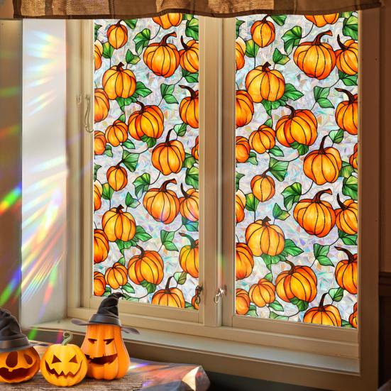 Rainbow Window Privacy Film Halloween Non-Adhesive Glass Sticker Prism Stained Static Clings Sun Blocking Privacy Decals for Living Room Bedroom