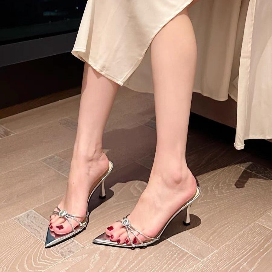 Slippers Women Wear High Heels Sandals In Summer, Thin Heels and Pointed Toes, Love Rhinestone Temperament 2024 Spring and Autumn New Models