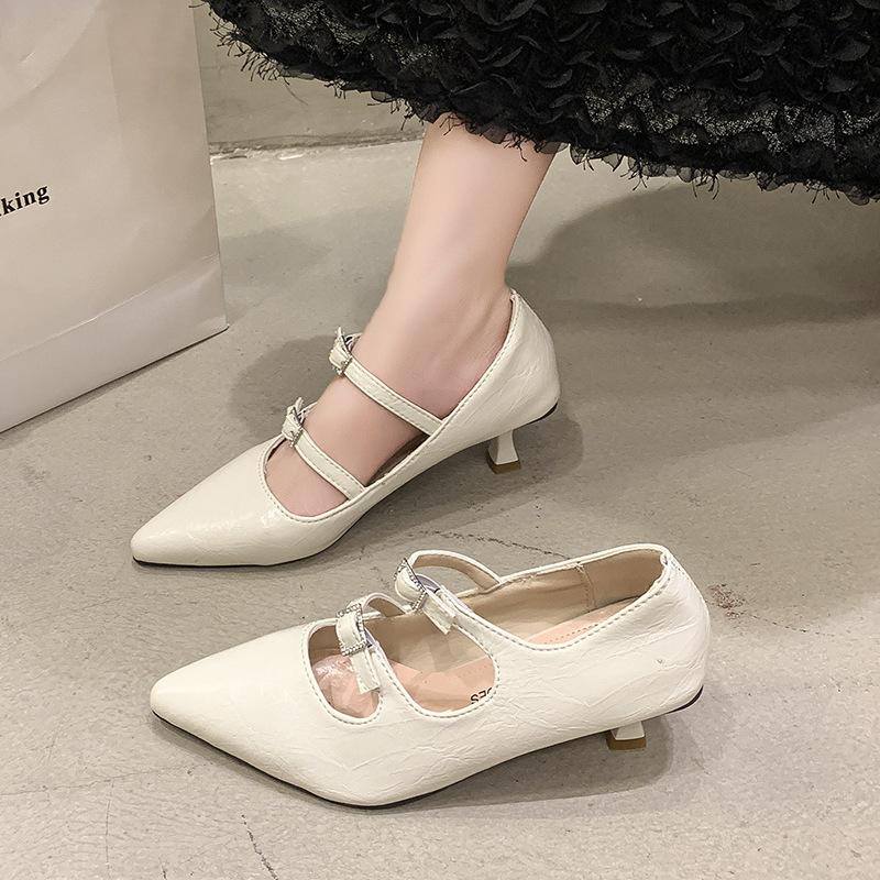 Golden Pointed High Heels Women's Autumn Low Heels Single Shoes Beautiful Temperament Silver Mary Jane Shoes Children