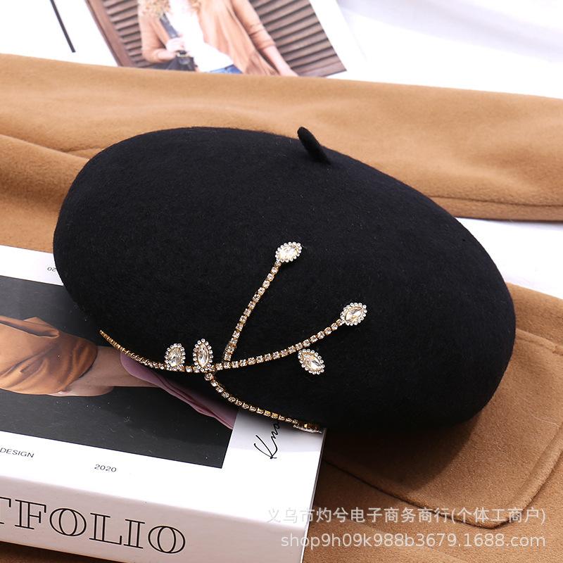 Wool Beret Autumn and Winter New Fashion Rhinestone Three-dimensional Painter Hat Versatile Women's Temperament Versatile Hat