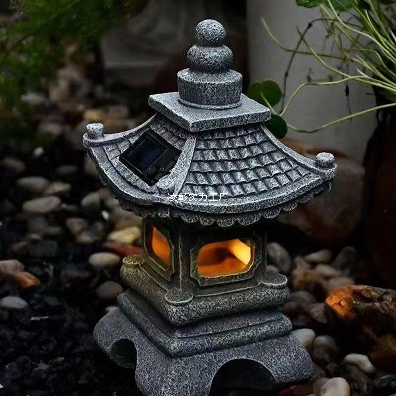 Antique Solar Garden Pagoda Lantern – Chinese Stone-Style Outdoor Decor