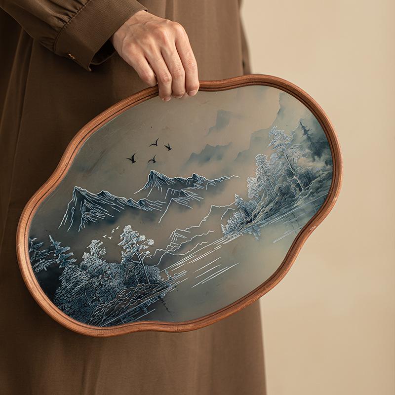 Simple Bamboo Wood Glass Tray Dry Brew Tea Tray Household Chinese Retro Ink Wind Begonias Flower Pot Bearer Gongfu Tea Tray