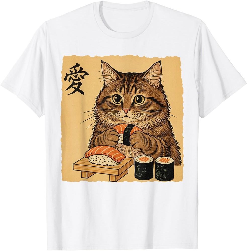 Cat Eating Sushi Funny Japanese Art Vintage Style Cat T-Shirt