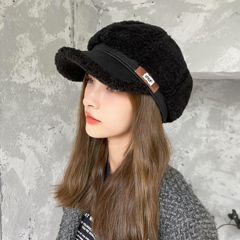 Autumn and winter hats women's imitation lamb wool fashion leather label octagonal hat warm and cold-proof face cap
