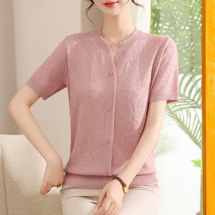 Stylish Ice Silk Short-Sleeved T-Shirt for Middle-Aged and Elderly Women