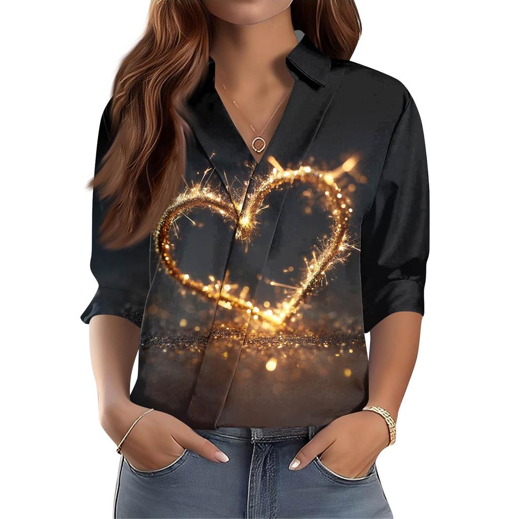 Camisa Feminina Manga 3/4 Decote V Estampada Roupa de Trabalho Casual Regular Colarinho