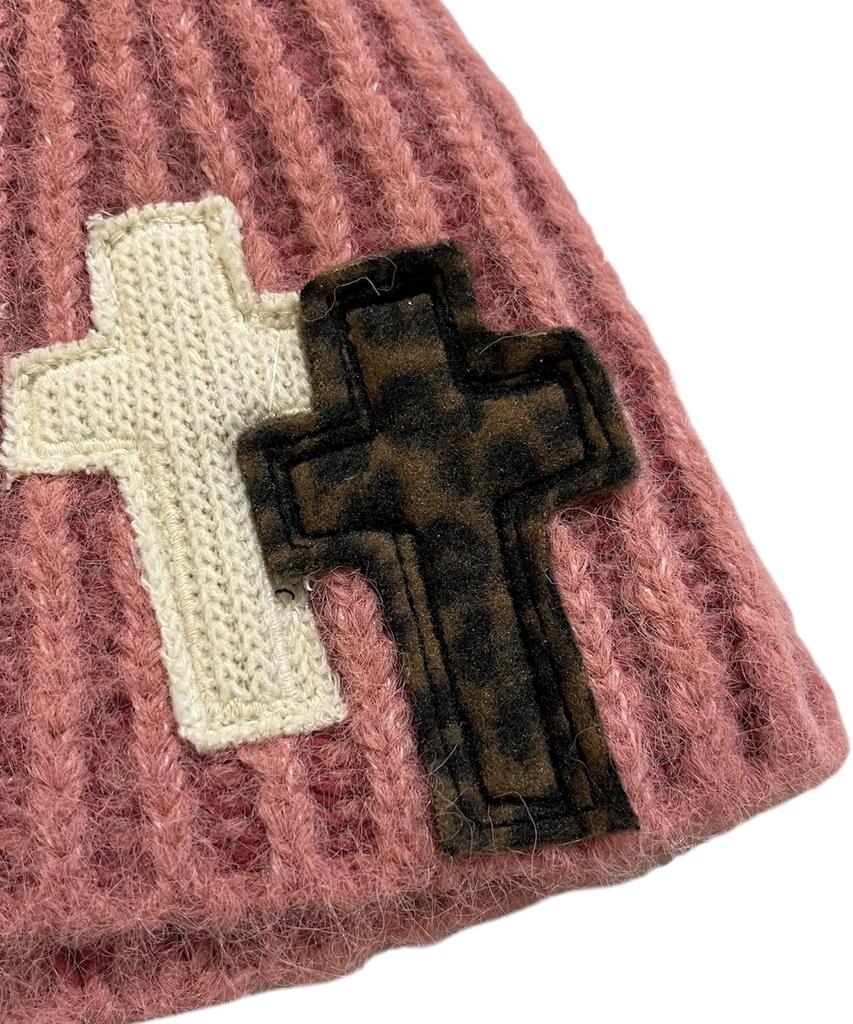 SK8ER ROCK Tone On Tone Cross Beanie ((Pink))
