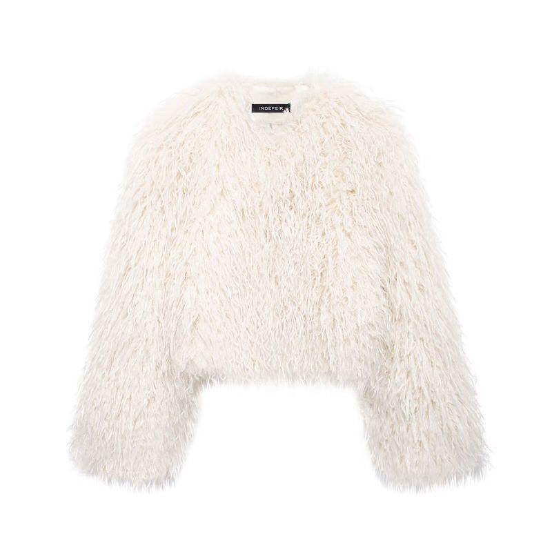Kaslead New Arrival Women's Clothing Fashion Style Fur Effect Stuffed Long Sleeves Round Neck Short Coat 6318265