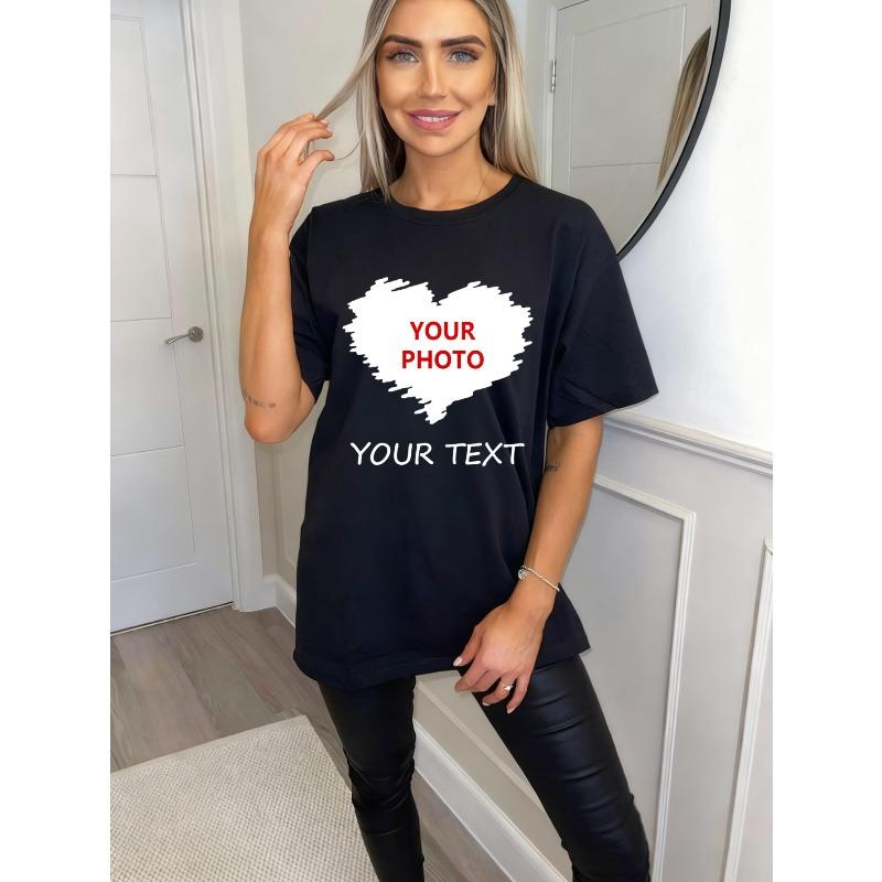 Oversized T Shirt Black Heart Print With Custom Photo And Text For Casual Wear