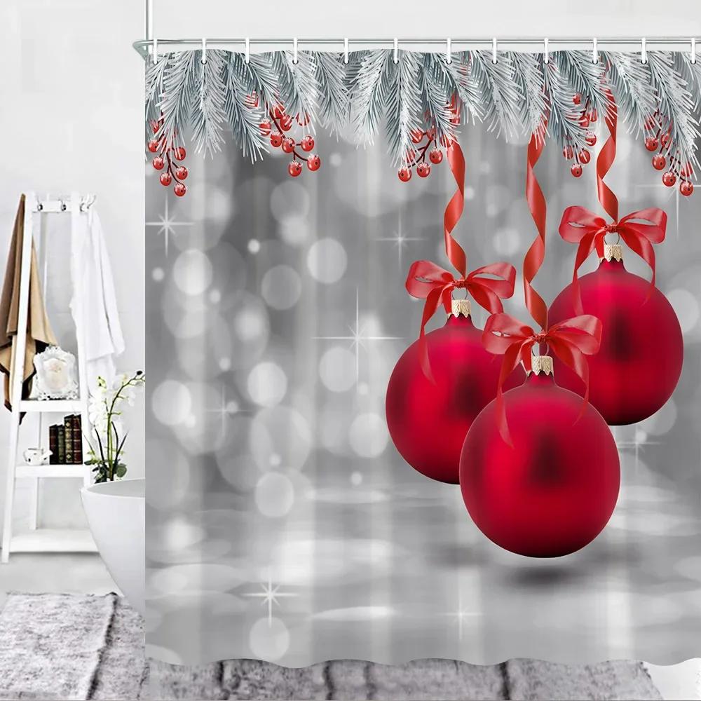 Christmas Shower Curtain Set Red Xmas Balls Fir Holidays Decor Fabric Hook Bathroom Curtains Accessories Sets For Made Of Polyester
