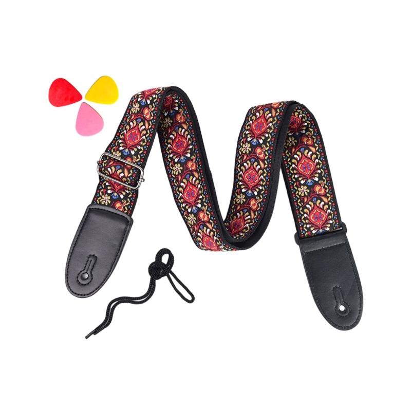 Weaving PU Leather Ends Guitar Strap, Soft Adjustable Comfortable Cotton Acoustic Guitar Strap for Electric Guitar Bass