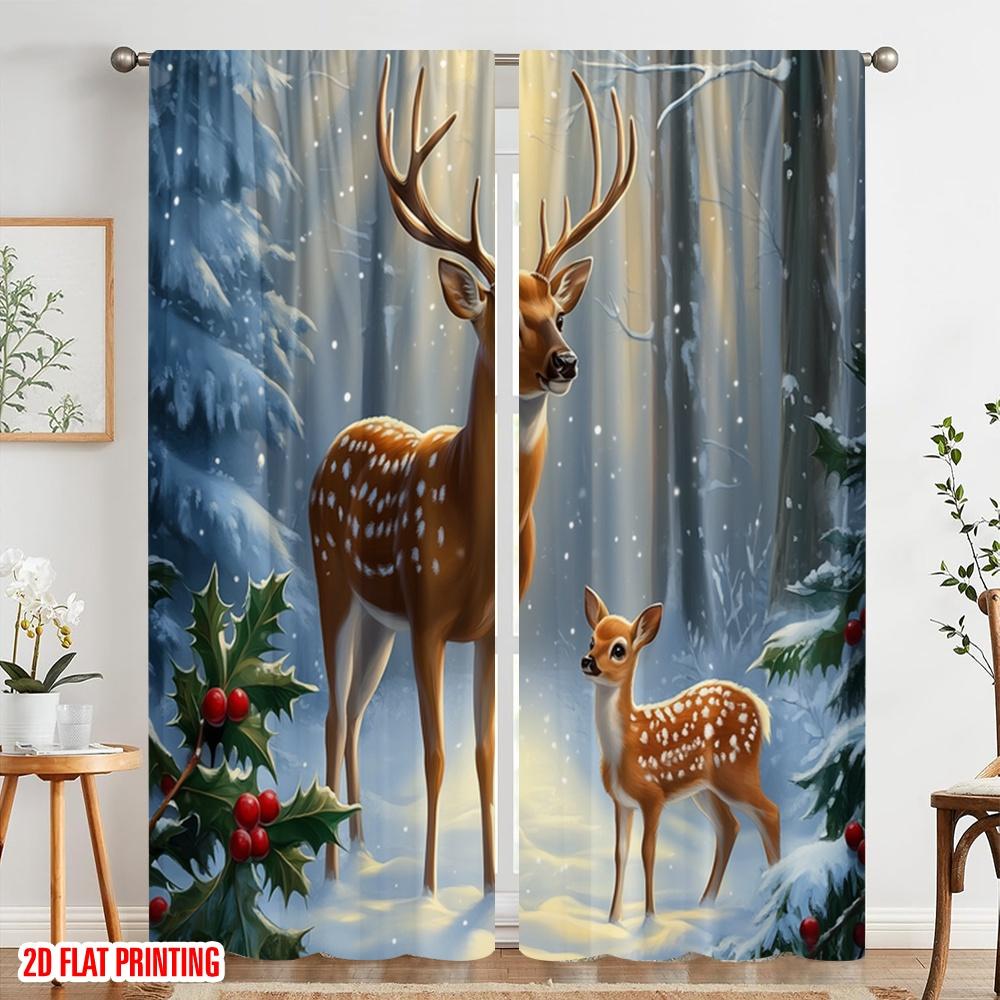 2pcs,2D Plane Printing Print Curtains Deer Family Winter Forest (3) Versatile Polyester Fabric (without Rod) Outdoor Decorations