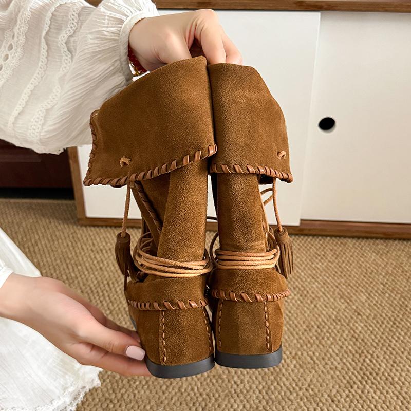 Módní Retro Pletené Střapce Šněrovací Dámské Westernové Kotníkové Boty Ohrnutý Okraj Vnitřní výška Poloviční Holenní Boty Dámské Venkovní Ležérní Boty