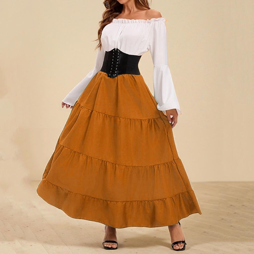Women's Fashion Retro Maxi Dress Trumpet Sleeve Waist Dress