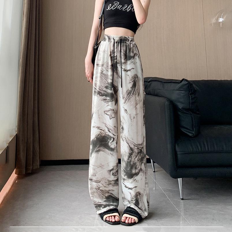 Black & White Striped Wide-Leg High-Waist Summer Pants for Women - Ink Painting Style, Slim Fit, Loose Draped Ice Silk Casual Trousers.