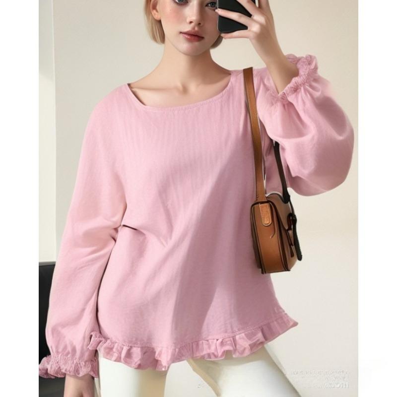 Women's Cotton and Linen T-shirt Loose Ruffled Sleeves Round Neck Long-sleeved Shirt
