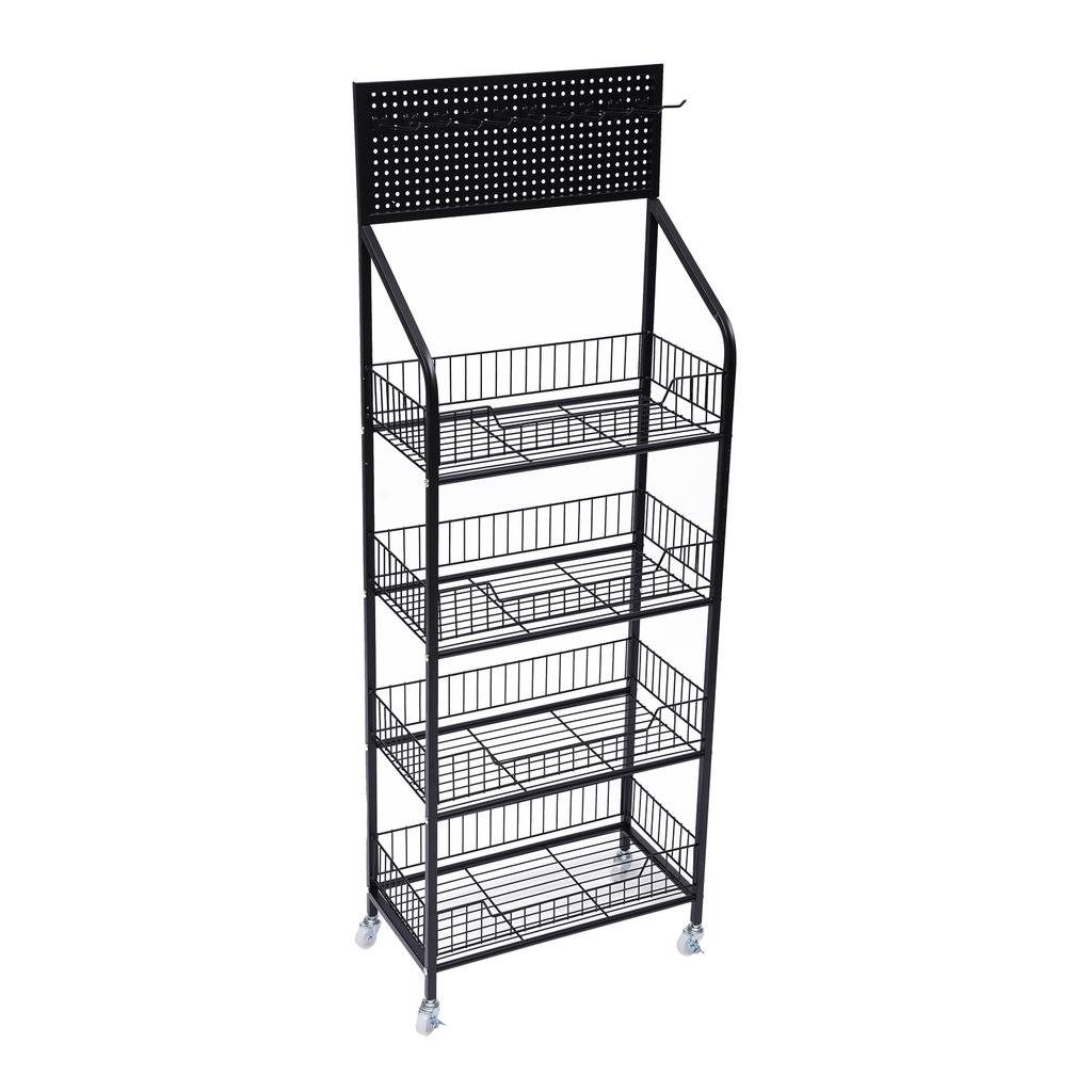 Four-tier Rolling Retail Display Rack, Metal Wire Storage Basket Stand with Pegboard and Hooks, Suitable for Bedroom and Kitchen