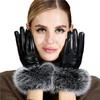 Women's Touchscreen Sheepskin Leather Gloves with Fox Fur and Velvet Lining - Warm, Thin, Outdoor Driving Gloves
