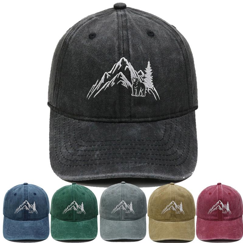 Berg Gipfel Bär Stickerei Gewaschen Retro Weiches Oberteil Baseballkappe Herren und Damen Lässig Outdoor Abenteuer Sonnenschutz Kappe