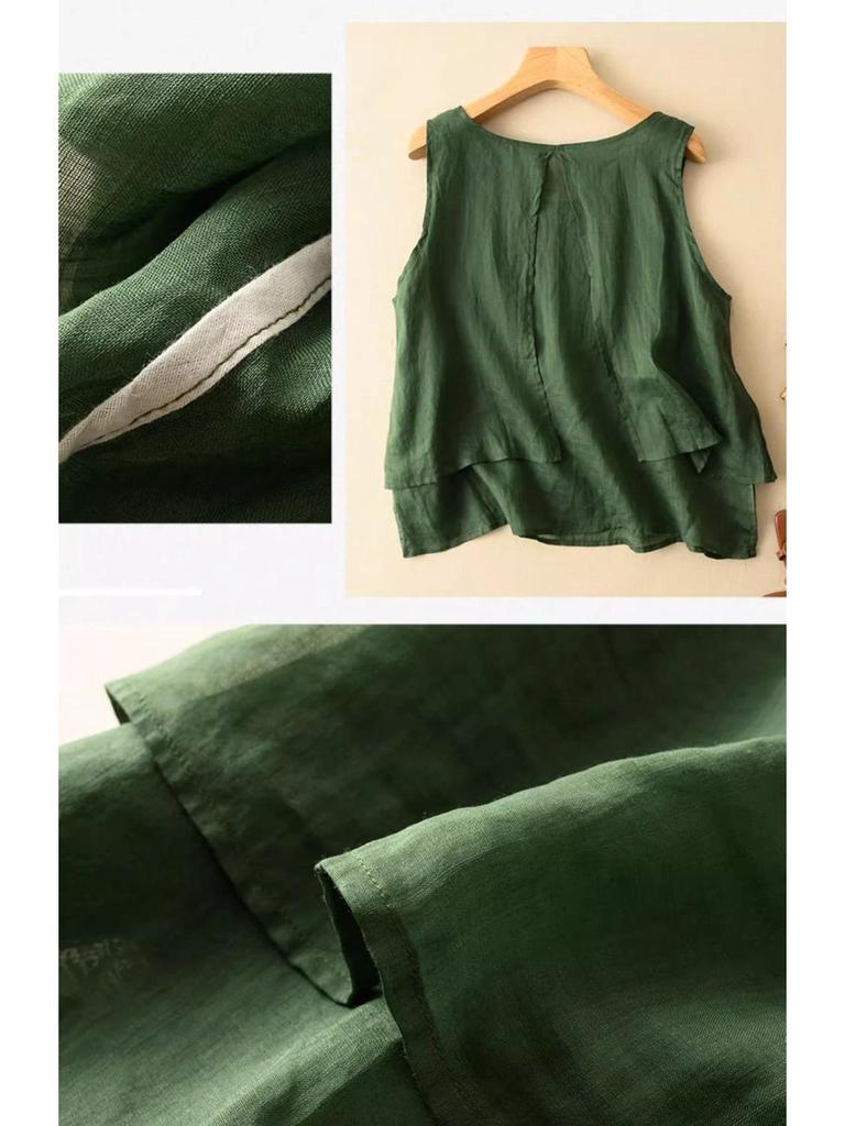 Dámská bavlněná lněná tílko nadměrné velikosti - Volný střih Retro minimalistický design