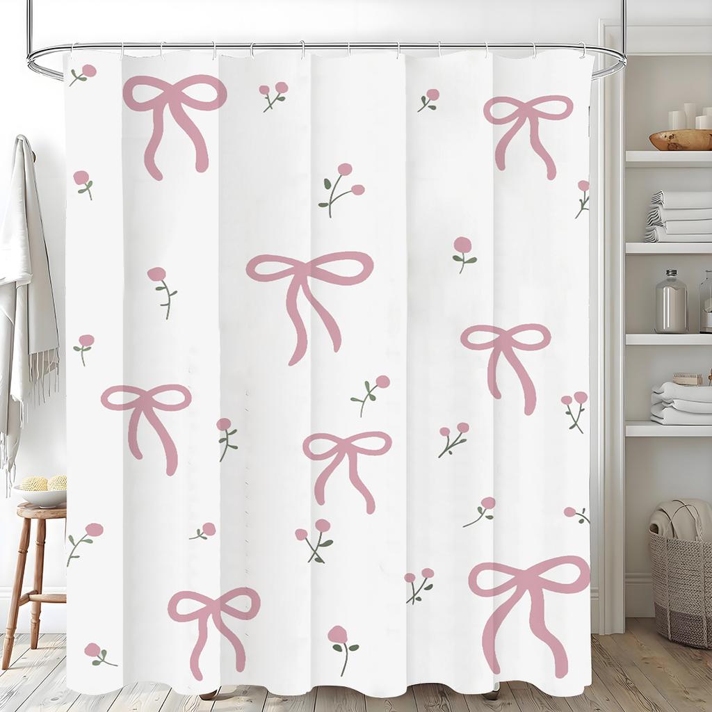1 Piece Pretty Pink Floral Bow Printed Shower Curtain with 12 Hooks, Mildew Resistant and Waterproof Bathroom Decoration, Modern