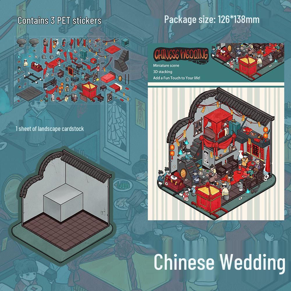 PET Small Chinese Wedding Scenery Miniature Stickers - Handmade DIY Journal Micro-Horror Scenes, 3 Sheets