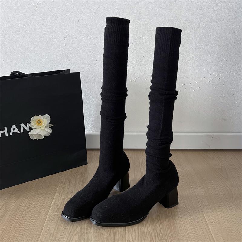 Fashion Pearl Women High Boots Knitting Knee High Heels Sock Boots Elegant 2025 Trend New Shoes Fashion Winter Party Sexy Chunky Pumps