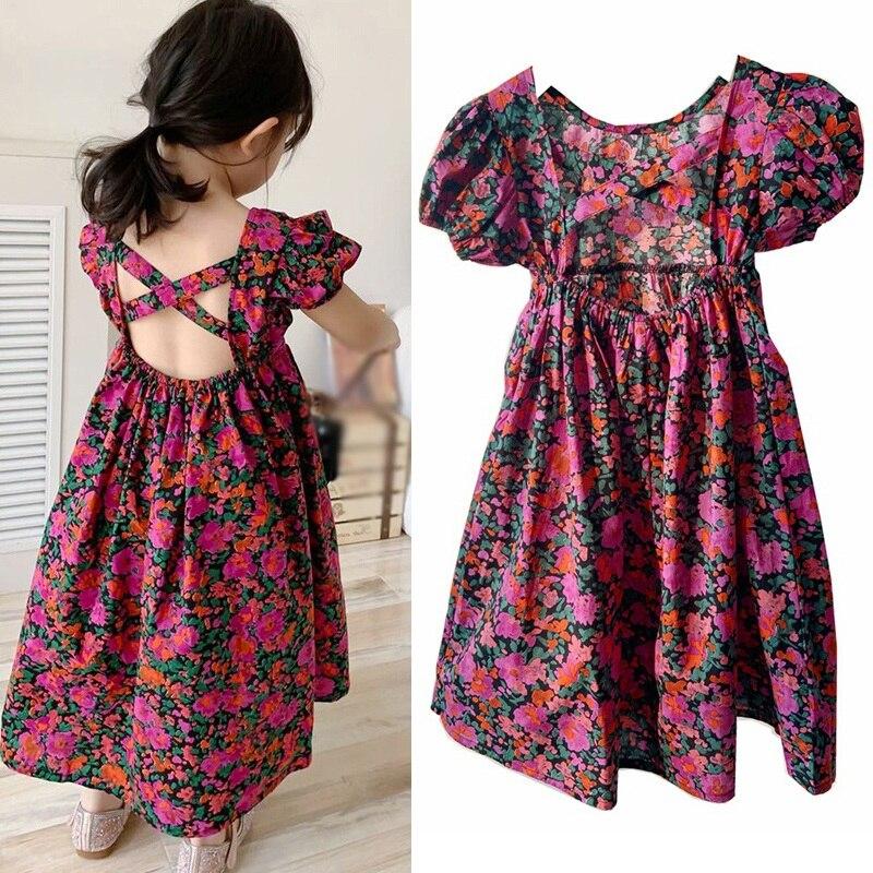 Children's Open Back Dress Summer Girl Temperament Flower Skirt Children's Skirt Wine