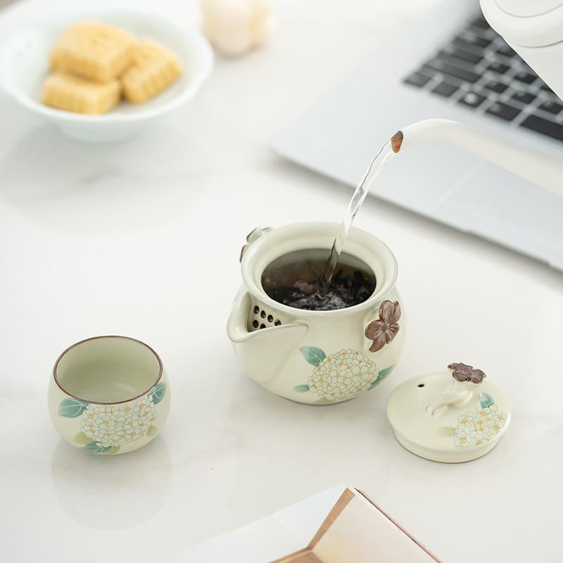 Ru Kiln Ceramic Teapot Hand Grab Pot Kungfu Tea Set Small Teapot with Hydrangea Cup Home Use Fast Brewing