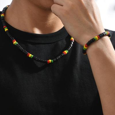 Collana di Perline di Legno Multicolore più Venduta: Rosso, Verde, Giallo, Nero - Design Elegante e Semplice, Vestibilità Elastica per Uomo.