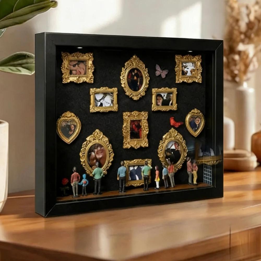 DIY Mini Muzeum Pudełko z Sylwetkami Kreatywny Zestaw do Prezentacji Wspomnień z Mini Figurkami Złote Ramki, na Rocznicę Ślubu