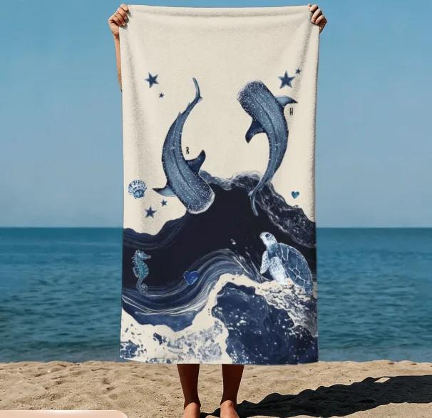 Walhai Meeresleben Aquarell Freihand Strandtuch Groß Schnelltrocknend Sandfestes Handtuch für Strand Pool Reisen Sommer Badetuch