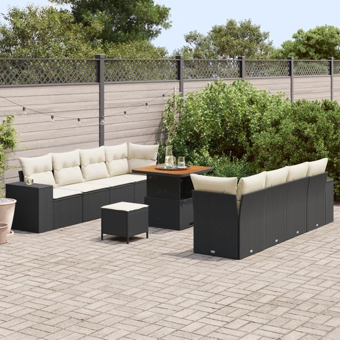 Ensemble de canapés de jardin de 11 pièces avec coussins en rotin poly noir Acacia, Ensemble de salle à manger de jardin 3361975
