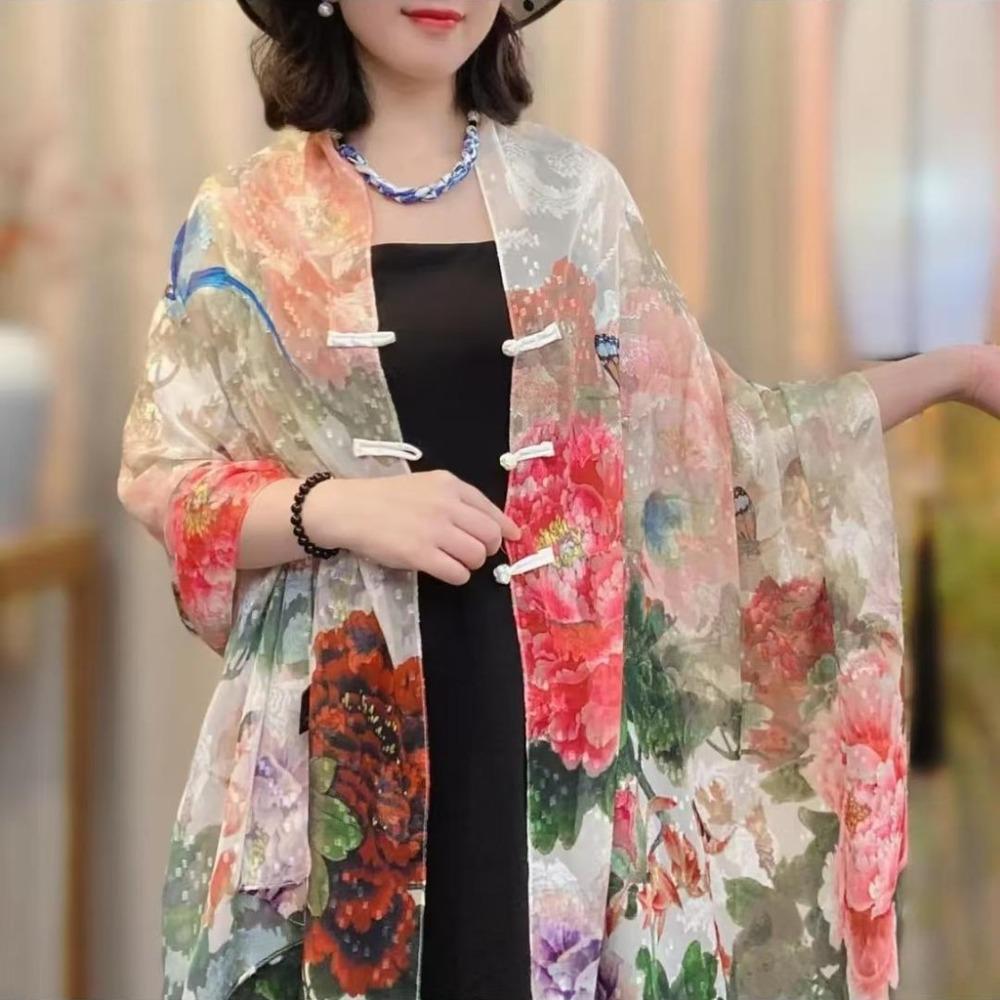 Flower Lady Silk Scarf Sunscreen Travel Photography Scarf Trendy Tudung Scarf Beach