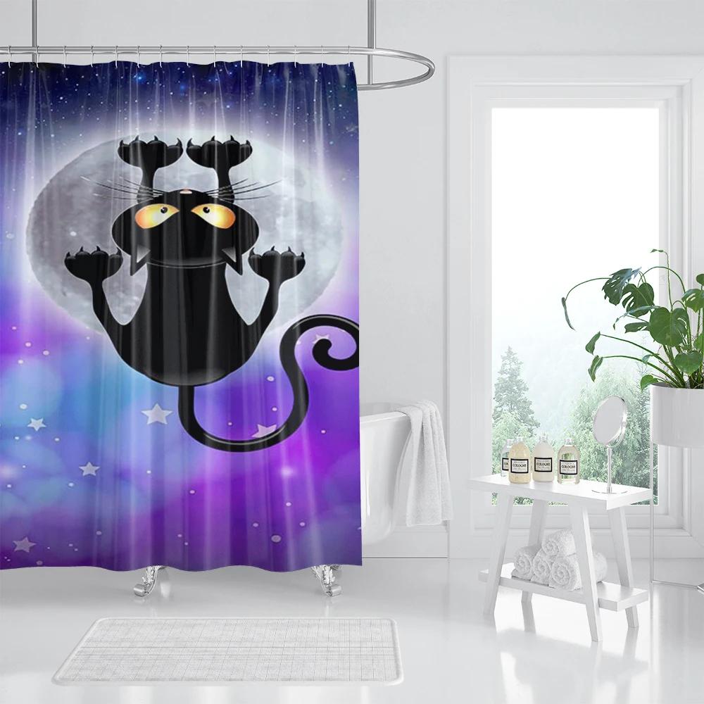 Three Funny Naughty Black Cat Shower Curtain Scratching The Wall With His Paws Fabric Bathroom Decor Set Hooks White And Black