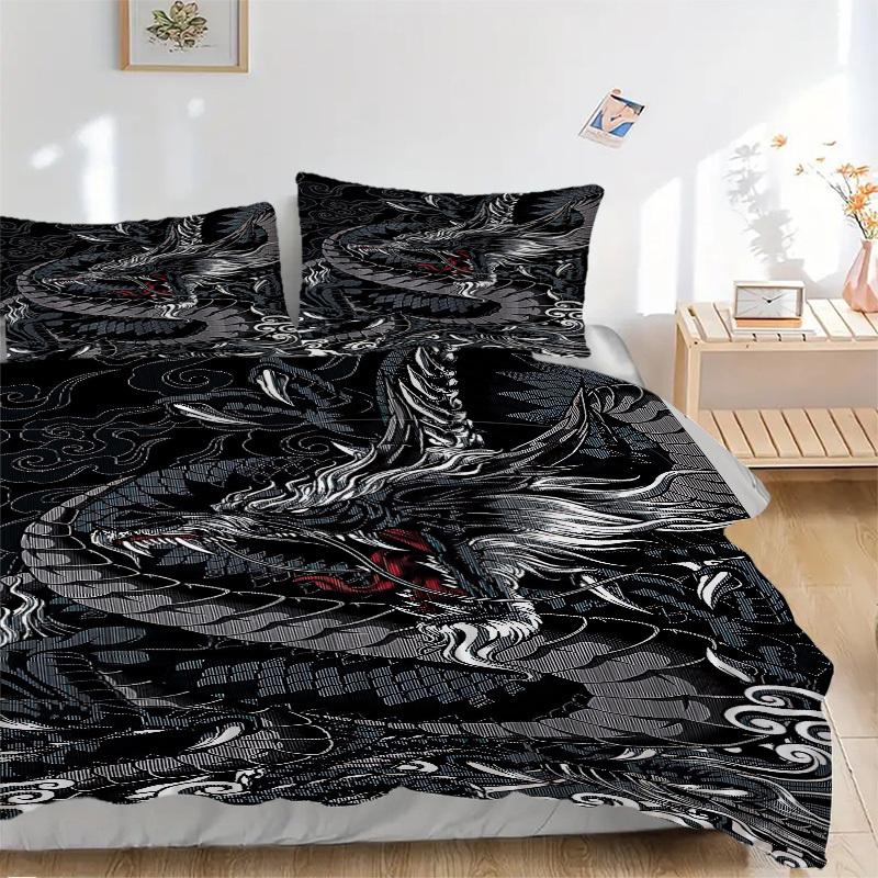 

3PCs Dragon Art Design Cover Set, Breathable Fabric, Machine Washable (1 Duvet Cover + 2 Pillowcases) (Without Quilt) yy250911124 135x200cm