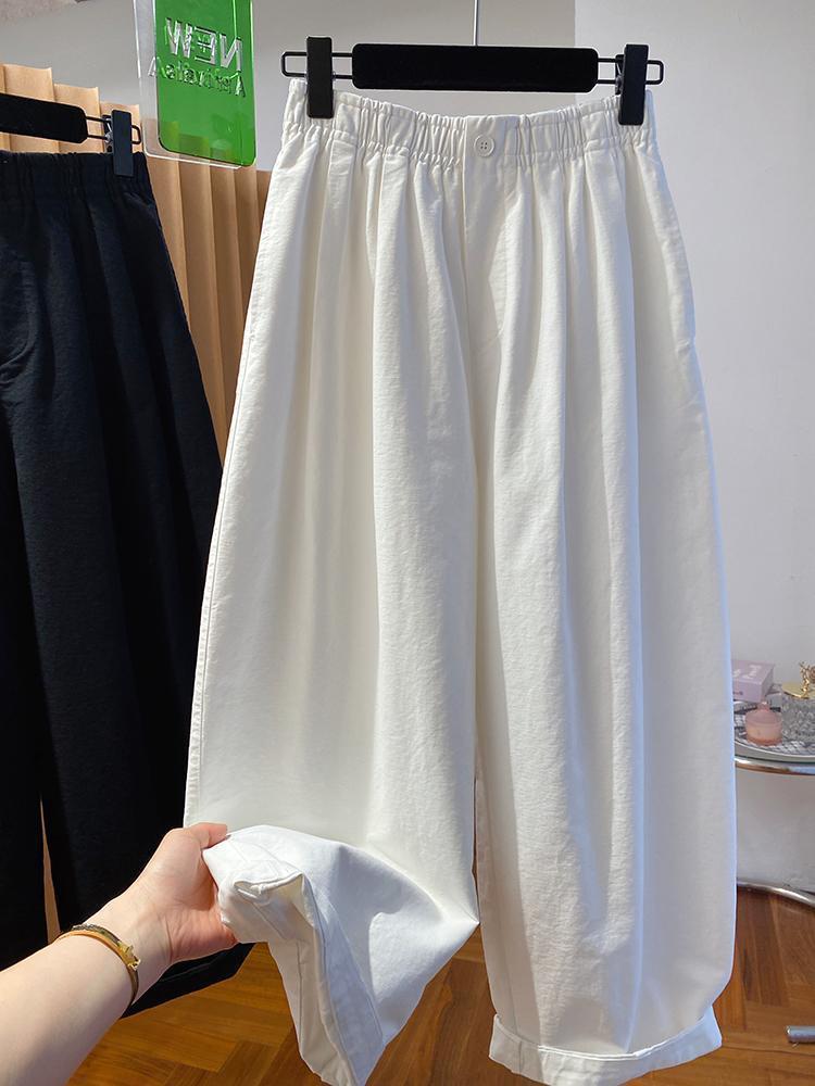 White Korean Style Women's Spring Casual Elastic Waist Wide Leg Pants