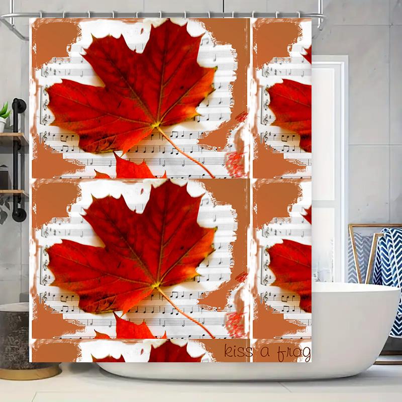 

Red Maple Leaf Shower Curtain Musical Note Design For Bathroom Decorations Waterproof Fabric With Hooks Included Perfect Gift Id W60H190(CM)-1 Pcs