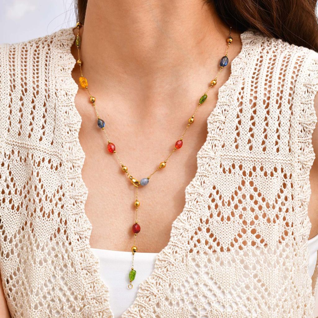 Collier en Pierre Naturelle Multicolore Arc-en-ciel en Forme de Y pour Femmes, Collier Chaîne Boho à Perles en Acier Inoxydable, Bijoux de Fête Tendance