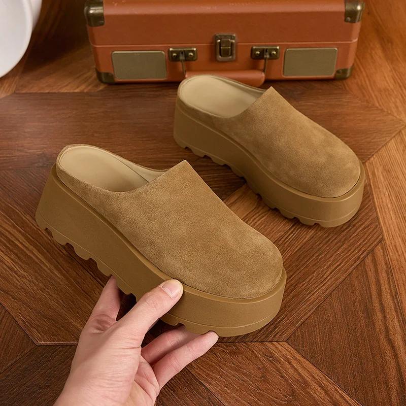 Fashion 5CM Cow Suede Genuine Leather Fashion Sandals Slippers Pumps Platform Wedge Flats Women Summer Round Toe Ladies Shoes
