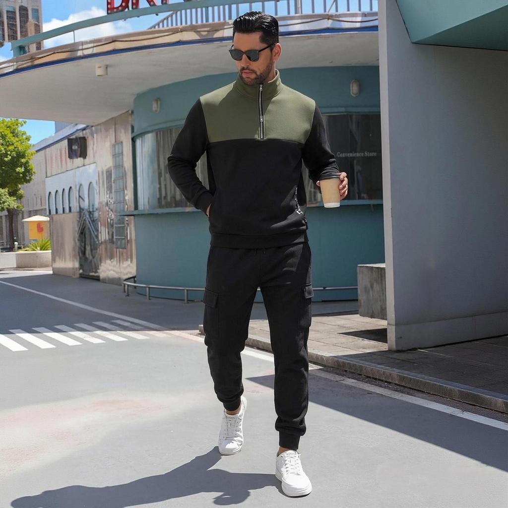 Men's Half Zip Hoodie and Cargo Pants 2 Piece Outfit Lined Casual Athletic Set